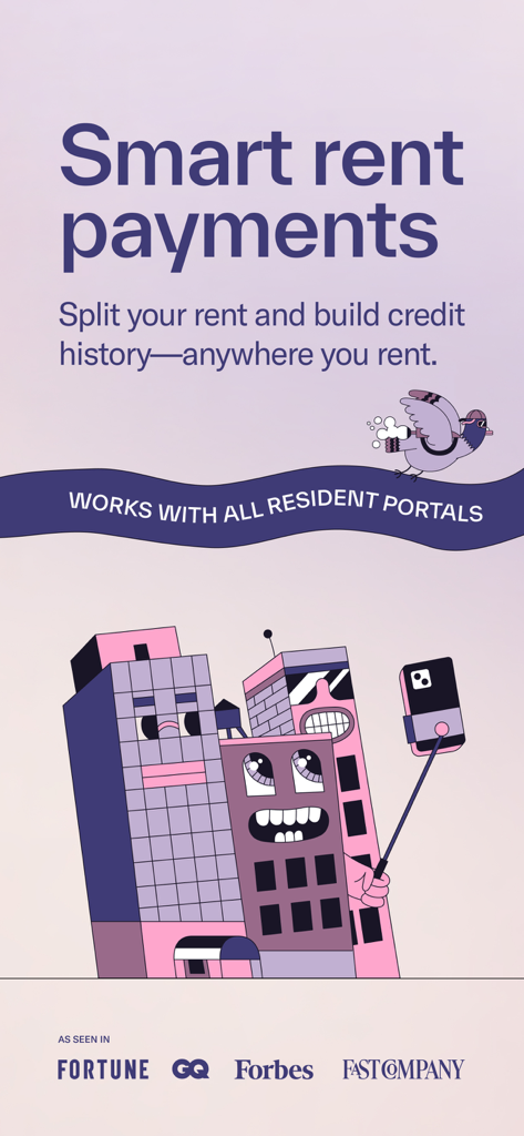 Marketing graphic for Split Pay by Rent App highlighting smart rent payments and credit building features with cartoon buildings.