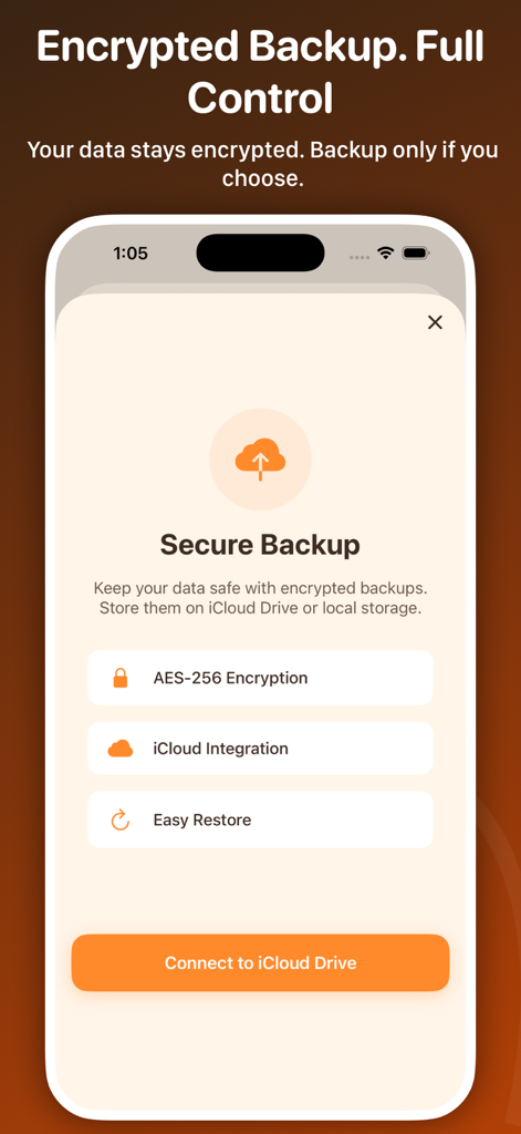 Private Photo Vault: iLockBox - iLockBox app screen showing secure encrypted backup options with AES-256 encryption and iCloud integration