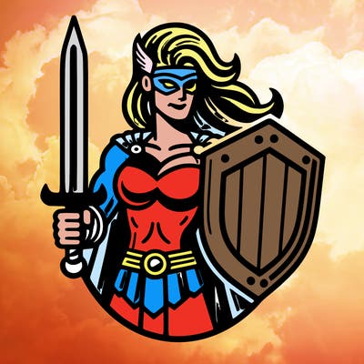 wonder woman holding a sword and shield
