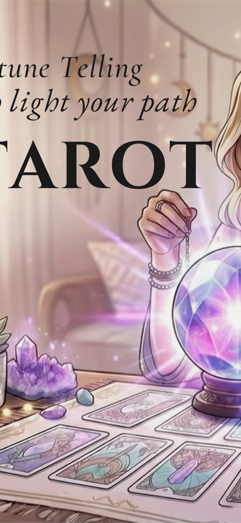 Tarot Reading: Love & Advice - Una persona che esegue una lettura di carte tarocchi con una palla di cristallo luminosa e cristalli di ametista su una scrivania.