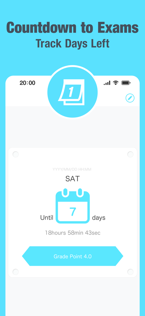Study Timer: Focus & Pomodoro - Interfaz de aplicación móvil que muestra una cuenta regresiva para el examen SAT con siete días restantes
