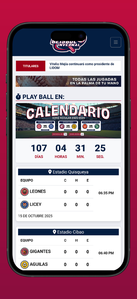 Beisbol Invernal - Beisbol Invernal app home screen showing LIDOM game schedules for Estadio Quisqueya and Estadio Cibao