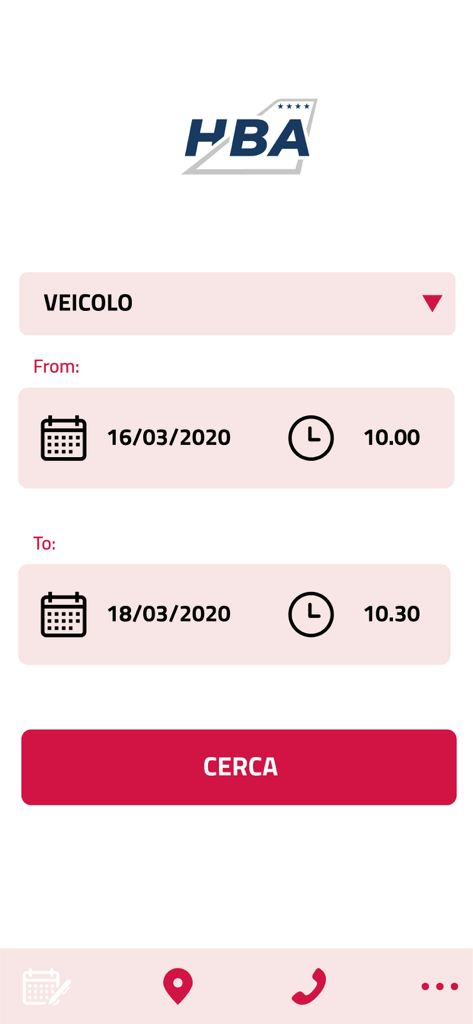 Pantalla de reserva de la aplicación Easy Parking Bologna para seleccionar el tipo de vehículo y las fechas de viaje