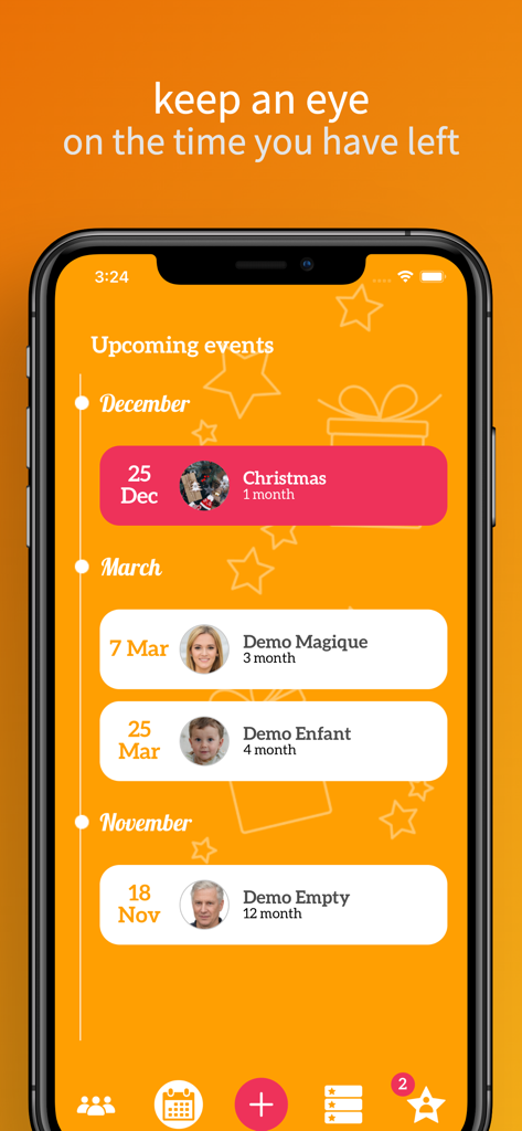 Eventos de regalos próximos y línea de tiempo de cuenta atrás en la aplicación Oh My Wish