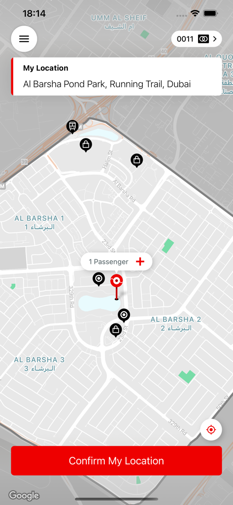 Map interface in the Dubai Bus on Demand app showing a pickup location selection at Al Barsha Pond Park