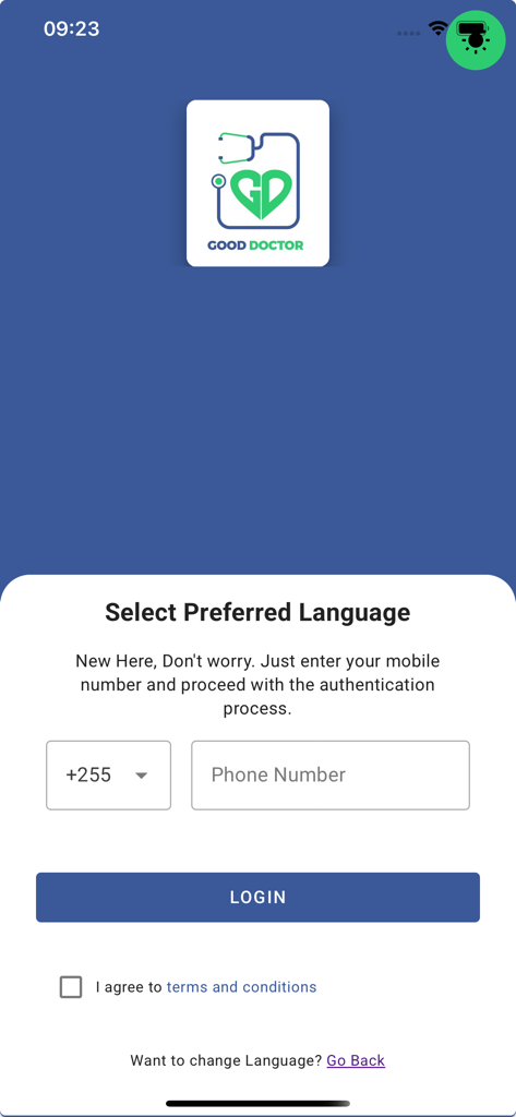 Good Doctor Patient's App - Login screen for the Good Doctor Patient app with phone number entry and medical logo