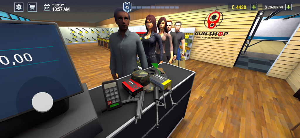 Gun Shop Simulator 3D Shooting - First person view of a gun shop checkout counter with customers waiting in line to buy firearms