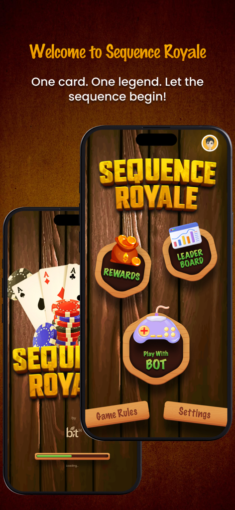 Pantalla del menú principal de la aplicación móvil Sequence Royale con botones para recompensas, tabla de clasificación y juego con bot sobre un fondo de madera.