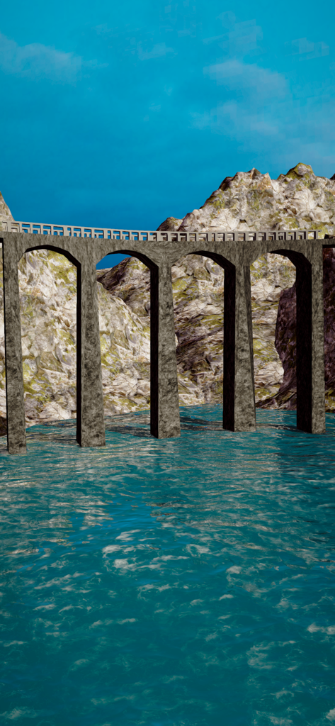 City Demolish: Rocket Smash! - A stone arch bridge over water with mountains in the background from the City Demolish game