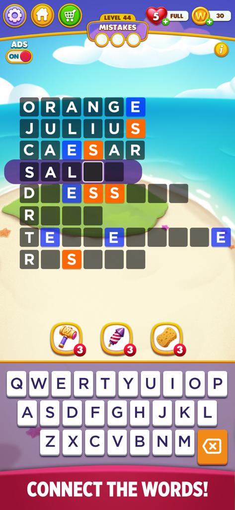 Word Chain Puzzle - Word Chain Puzzle gameplay screen showing a word grid and keyboard with a tropical beach background.