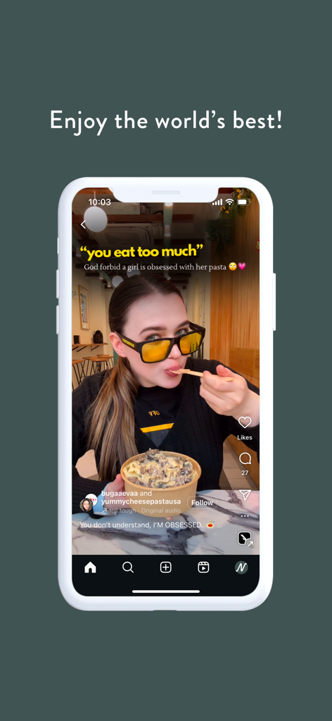 A model wearing yellow sunglasses eating pasta in a social media style post within the Neon Coat app interface