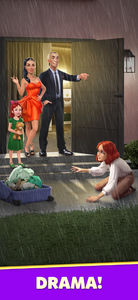 Design Masters: Home Simulator - スーツケースの隣で雨の中に倒れている女性。スーツを着た男性が、彼女に家から出るように指差している。