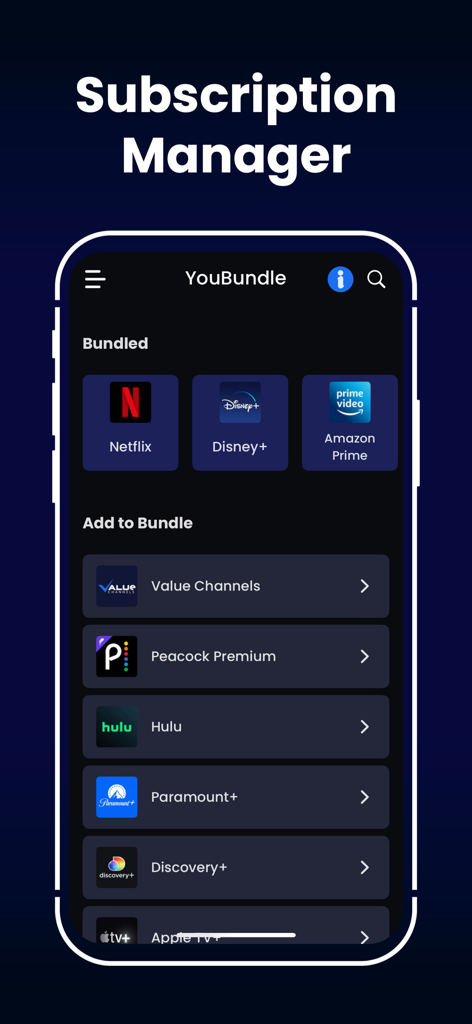 FreeCast: TV Shows & Movies - FreeCast YouBundle interface for managing streaming subscriptions like Netflix and Disney Plus