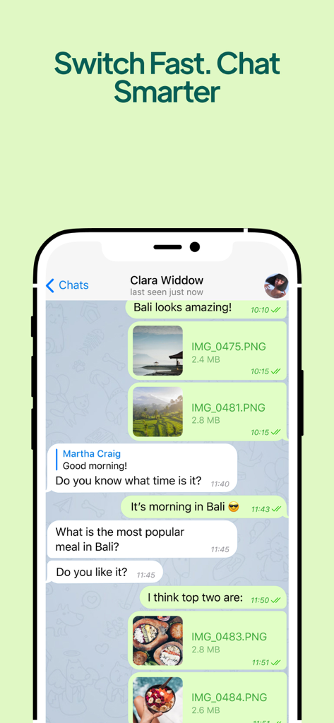 메시지와 공유된 이미지가 표시되는 Messenger for Web and AI의 모바일 채팅 인터페이스.