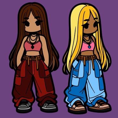 girl in baggy pants crop top and long hair