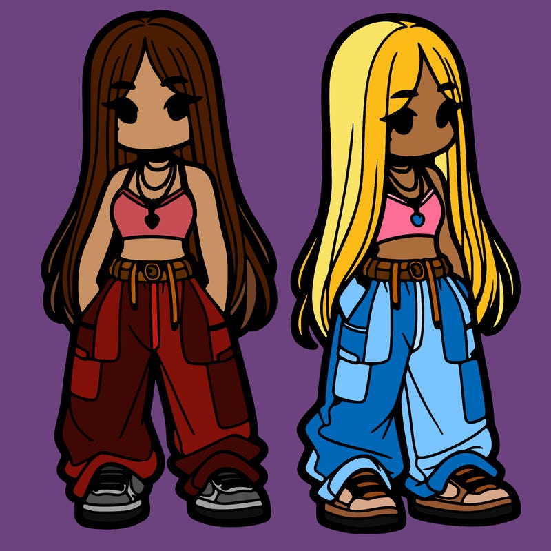 girl in baggy pants crop top and long hair