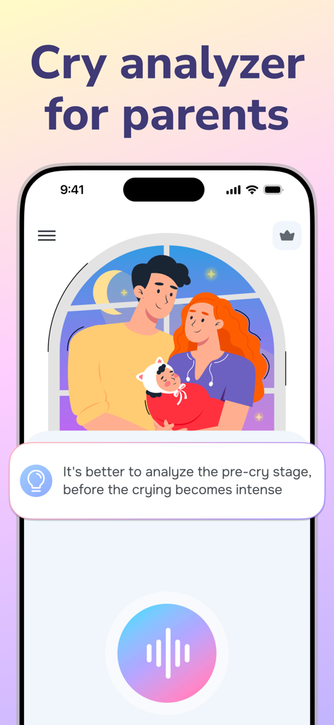 Cry Analyzer · Baby Translator - Pantalla de inicio de la aplicación Cry Analyzer que muestra una ilustración de padres y un botón de grabación.