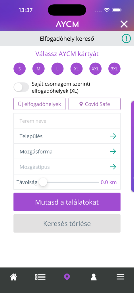 Search screen of the AYCM app showing filters for fitness facilities and membership levels