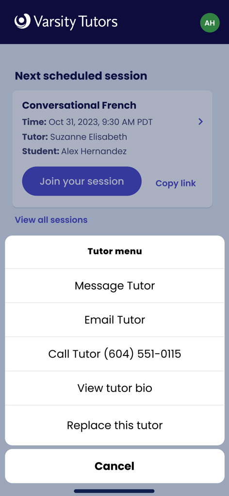 Varsity Tutorsアプリでの予約済み会話フランス語セッション、チューターメニューにチューターにメッセージを送信または電話するオプションが表示されています。