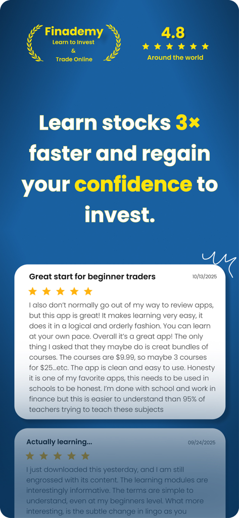 Finademy: Learn Stock Basics - Captura de pantalla de la aplicación Finademy que muestra una calificación de cuatro punto ocho estrellas y reseñas positivas de usuarios sobre el aprendizaje de inversión en acciones