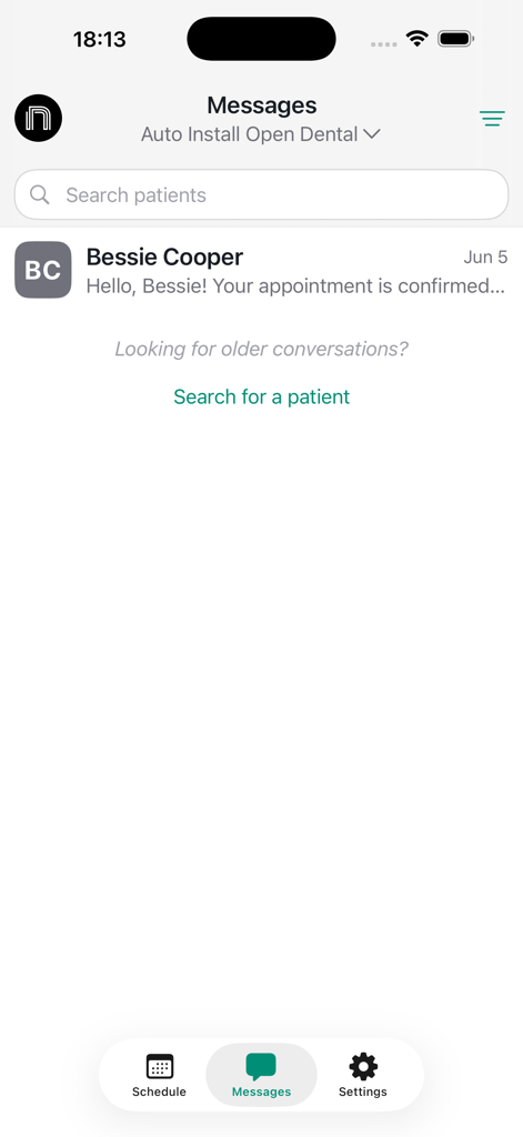 NexHealth mobile app interface showing a list of patient messages and appointment confirmation notifications