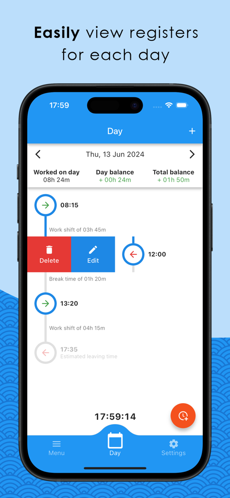 Schermata dell'app Easy Time Tracker che mostra una timeline giornaliera di turni di lavoro e saldi orari