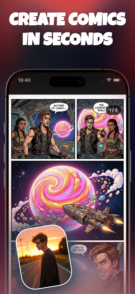 AI Comic Maker - Manga Creator - A smartphone screen displaying AI-generated sci-fi comic panels and a photo-to-character feature overlay.