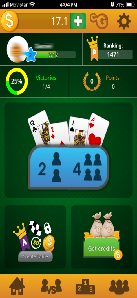 Buraco STBL - Buraco STBLゲームダッシュボード。プレイヤーの統計情報と、2人または4人用のゲームモード選択が表示されています。