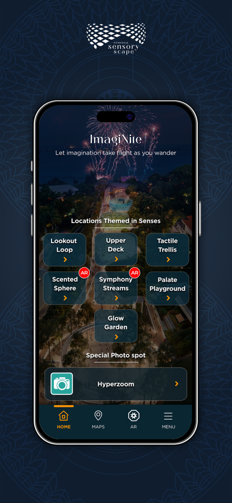 ImagiNite app home screen showing sensory locations and the Hyperzoom photo feature