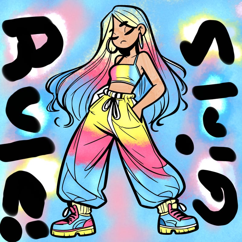 girl in baggy pants crop top and long hair