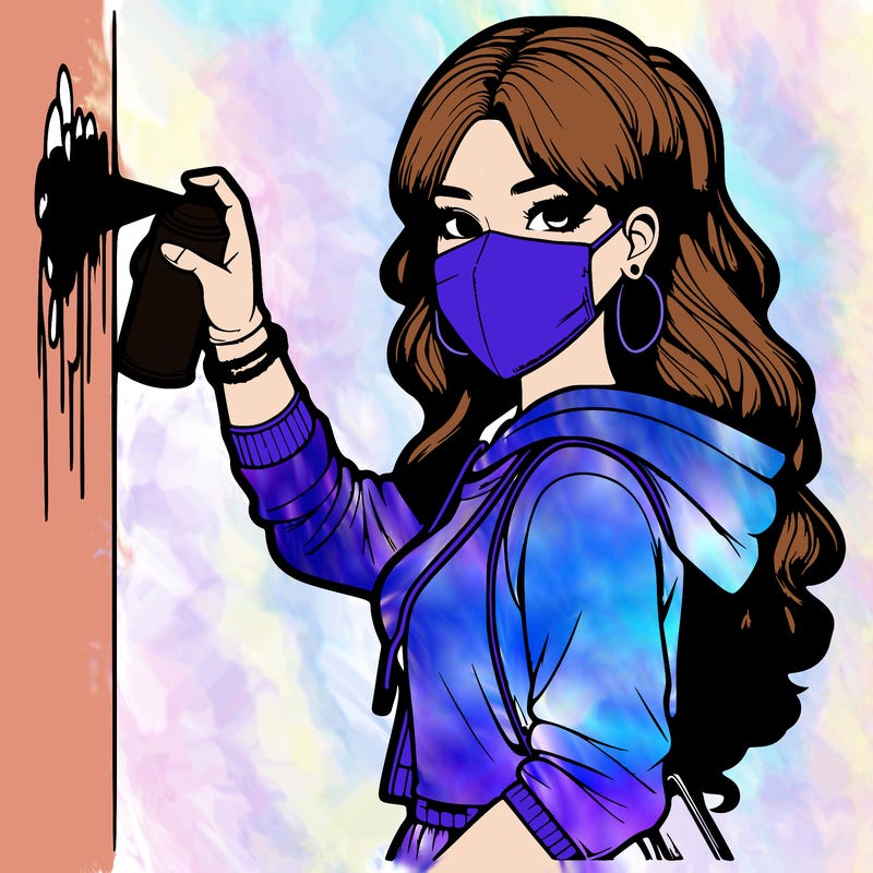 realistic girl with mask spray painting a wall