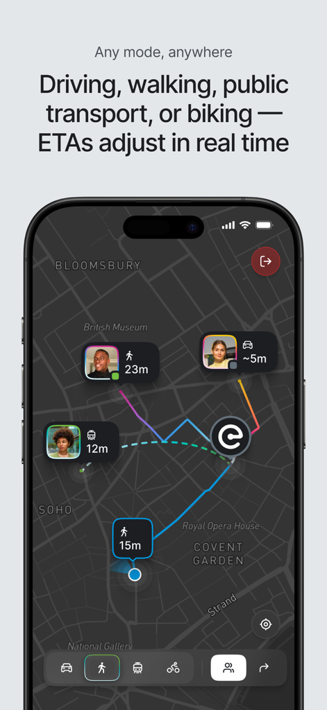 A mobile screen showing a real-time map with friends' ETAs for walking, driving, and public transport.