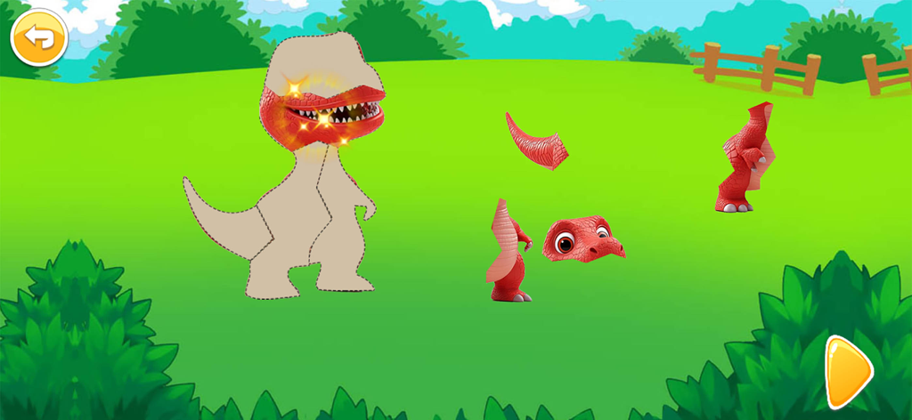Childrens dinosaur puzzle game showing a red Tyrannosaurus Rex being assembled on a green field.
