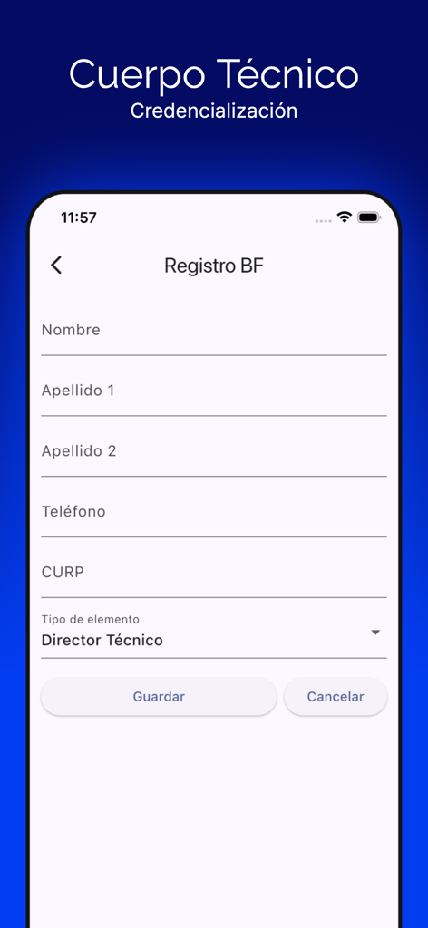Schermata di registrazione per lo staff tecnico e di coaching nell'app del campionato di calcio Registro BF