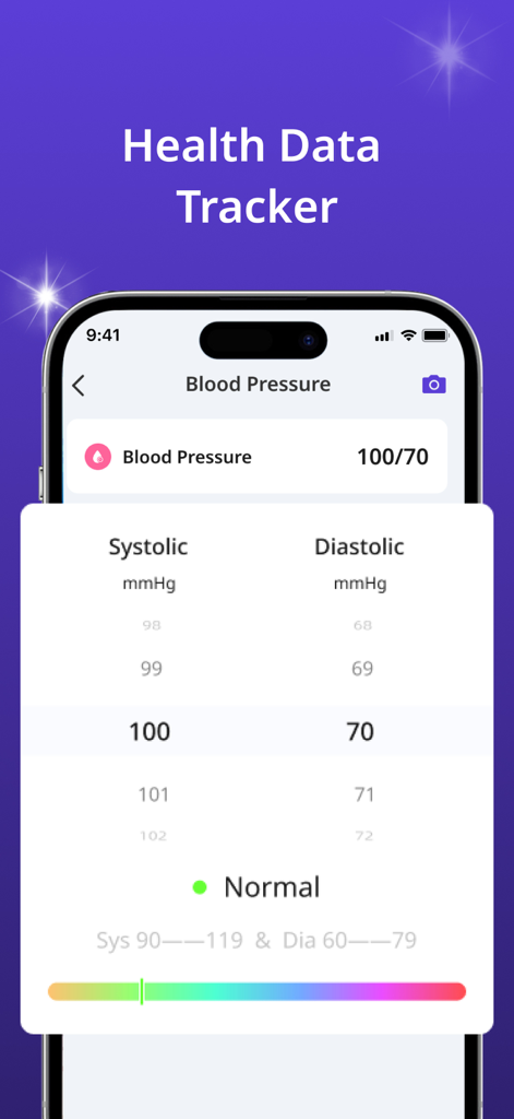 VitalWise AI app screen for tracking blood pressure showing normal results