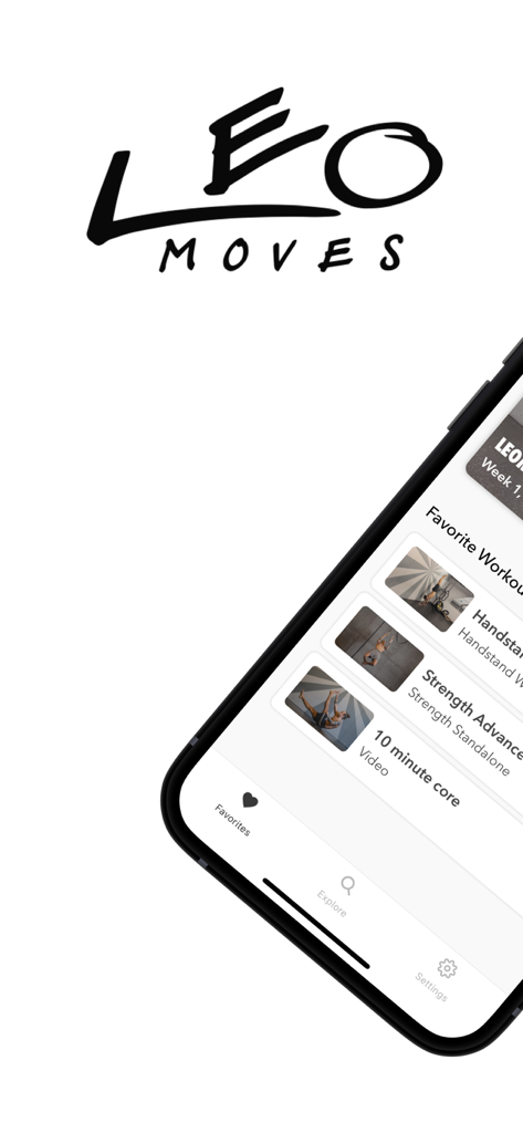 LeoMoves App-Logo und Smartphone-Bildschirm mit Programmen für funktionale Bewegungs-Workouts