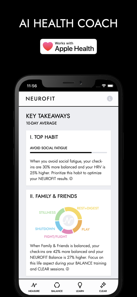 Vagus Nerve Reset: NEUROFIT™ - Panel de la aplicación NEUROFIT que muestra información del coach de IA sobre fatiga social y equilibrio del sistema nervioso.
