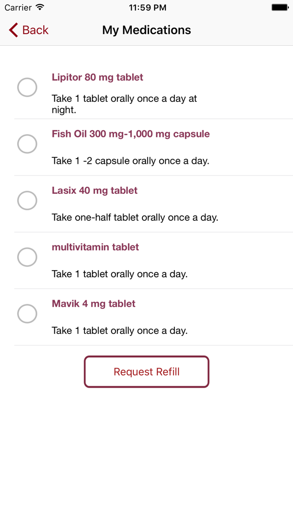 A list of patient medications within the CIS CardioConnect app featuring a request refill button