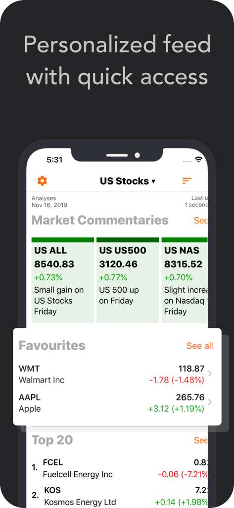 Investtech Stocks Analysis App - Um feed de análise de ações personalizado mostrando comentários de mercado e listas de ações favoritas