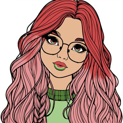 girl with long hair and freckles and glasses realistic