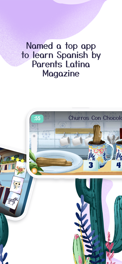 Spanish School Bus for Kids - Educational game interface for Spanish School Bus for Kids featuring a Churros game and an award mention from Parents Latina Magazine