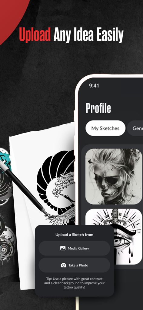 Interface of the tattoo maker app showing options to upload a sketch from the gallery or take a photo