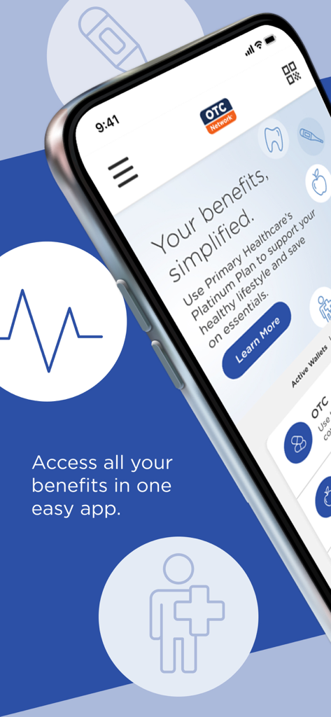 OTC Network - OTC Networkアプリの画面がスマートフォンに表示され、高齢者向けの単純化された健康保険の特典が表示されています