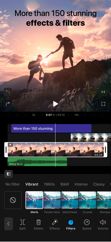 Filmr app interface showing cinematic filters and video editing timeline