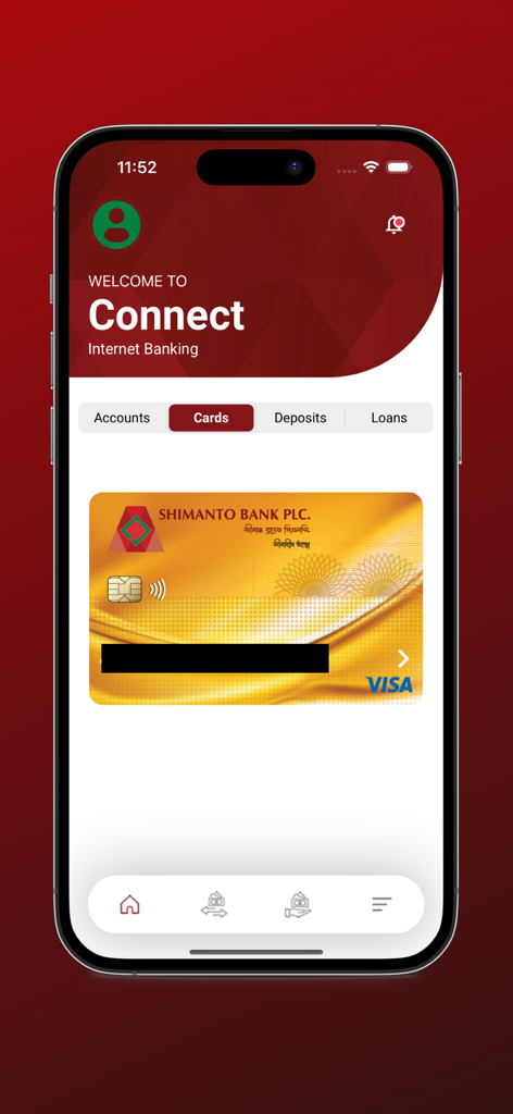 Connect Internet Banking - Captura de pantalla de la interfaz de la aplicación Connect Internet Banking que muestra la pestaña de tarjetas con una tarjeta Visa dorada de Shimanto Bank.