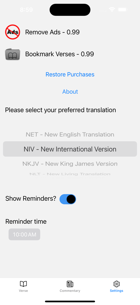 Jesus Speaks. Bible Devotional - Pantalla de configuración de la aplicación Devocional Bíblico Jesús Habla mostrando la selección de traducción y las opciones de recordatorio diario.