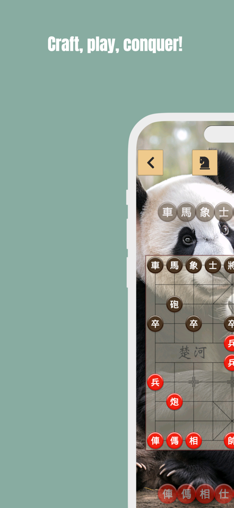 Chinese Chess mobile app showing a game board with a panda background