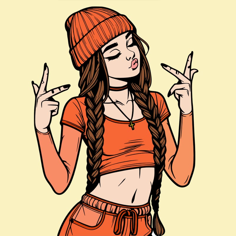 realistic teenage girl with braids and a beanie and crop top doing 🫶🏼