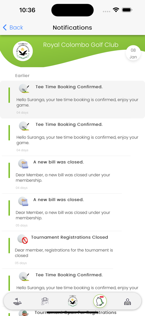 Royal Colombo Golf Club - Royal Colombo Golf Club app notifications screen showing tee time booking confirmations and club billing updates
