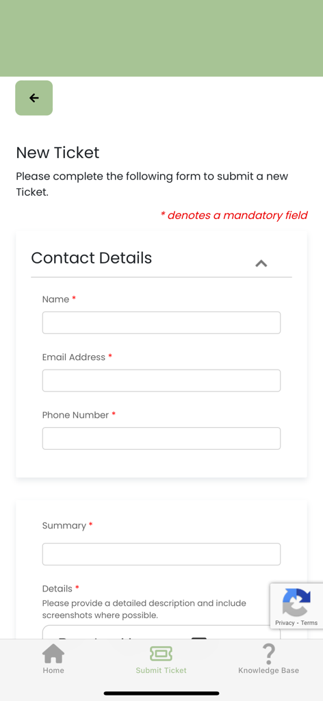 컴퓨팅 기술 앱에서 IT 지원 요청을 제출하기 위한 새 티켓 양식이 표시된 화면